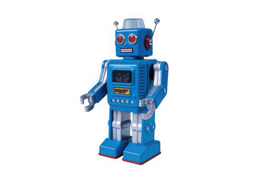 Fototapeta premium Vintage blue tin toy robot with red eyes and antenna stands on isolated isolated on transparent background