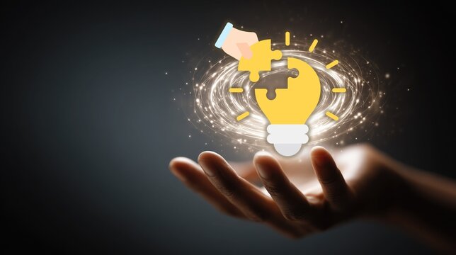 Hand holding glowing lightbulb puzzle as another hand places missing piece. Concept of innovation, problem solving, idea completion and creative solution in business or personal growth.