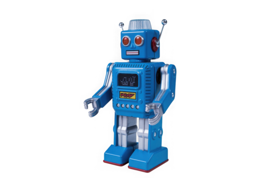 Vintage blue tin toy robot with red eyes and antenna stands on isolated isolated on transparent background