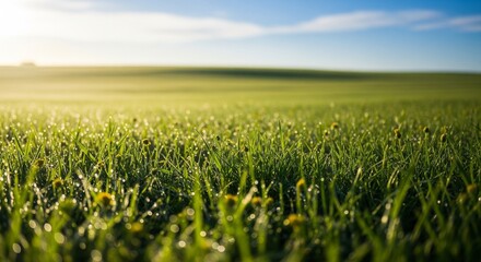 A close-up view of a lush green field with sparkling dew drops on the grass in the early morning sunlight.