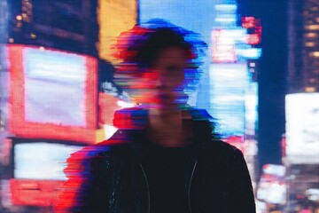 Obraz premium A person with a distorted face conveys anxiety about technology