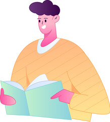 Vector flat gradient illustration of a character reading a book.
