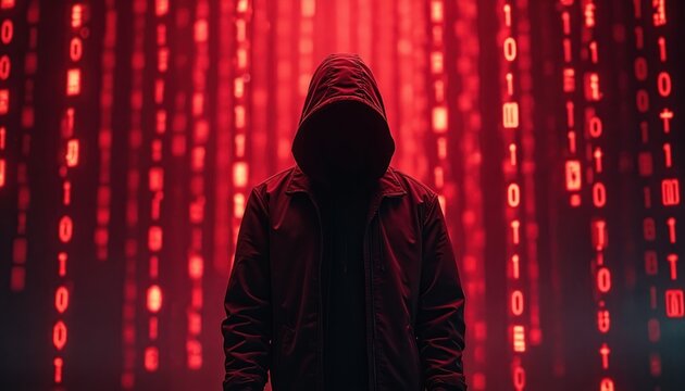 Person silhouette in hood standing before binary code. Red tones dominate, creating mystery. Digital anonymity, data privacy, encryption themes shown. Conceptual image for security, tech, cyberspace