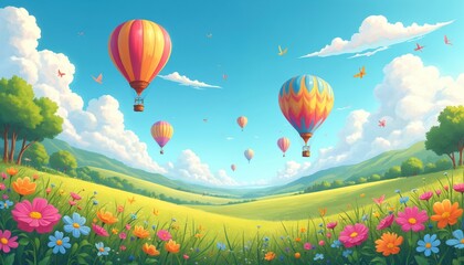 Fototapeta premium Illustration of colorful hot air balloons floating over spring meadow with flowers. Summer day sky with clouds and butterflies. Landscape scenic view