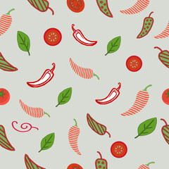 Minimalist Chili Pepper Seamless Pattern Vector Illustration. Red Chili Line Art with Curved Stripe Texture. hot chili pepper. Red chili pepper hand drawn illustration. Vibrant red chili pepper
