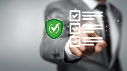Business professional hand engaging with digital checklist and green shield checkmark icon. Verification, security and confirmation for business task compliance and process completion.