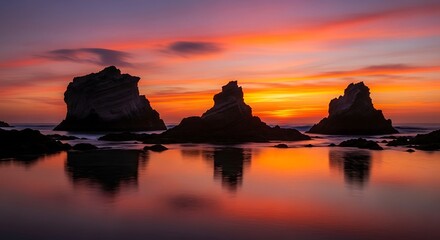 Dramatic Sunset Over Ocean Rocks: A Tranquil Scene of Coastal Beauty and Colorful Reflections.