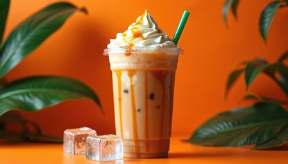 Cold caramel macchiato in plastic cup with whipped cream and caramel drizzle on top. Green straw sticks out. Ice cubes lie nearby on orange surface. Tropical leaves on sides create vibrant setting.