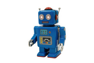 Retro blue tin toy robot with glowing eyes isolated on a plain background isolated on transparent background