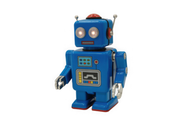 Retro blue tin toy robot with glowing eyes isolated on a plain background isolated on transparent background