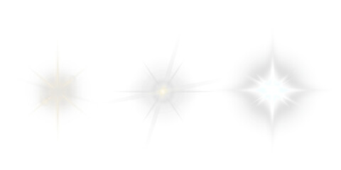 Trio of bright white starburst and sparkle light effects PNG image