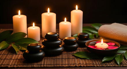 A tranquil spa setting featuring glowing candles, stacked black hot stones, and lush leaves for a relaxing wellness experience