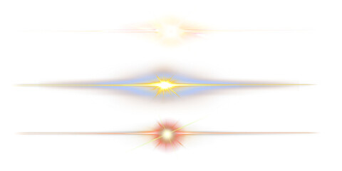 Trio of dramatic colorful horizontal lens flare light beams PNG image