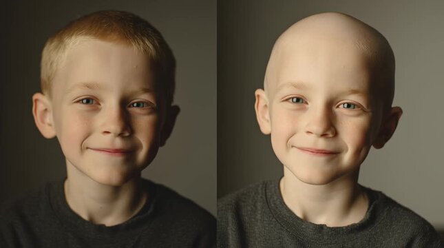 Emotional split-screen portrait of a young boy showing courage and optimism through his medical journey, illuminated with warm cinematic studio lighting.