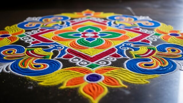 Colorful indian rangoli design with intricate patterns and vibrant colors