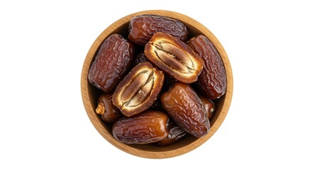 Obraz premium Overhead shot of ripe dates in a round wooden bowl on a stark white background