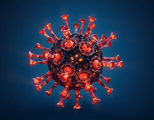 Abstract metallic virus structure with glowing red spikes against a deep blue gradient background