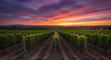 Naklejka premium Sunset over rows of grape vines in a vineyard, with vibrant colors