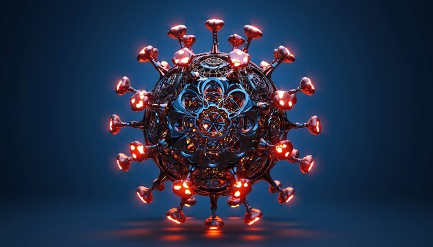 Abstract rendering of coronavirus structure showing metallic shell and glowing orange spikes on dark background