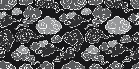 Grayscale Asian Cloud Seamless Pattern Background. Dark Japanese and Chinese Style Vector Wallpaper in Black and White.