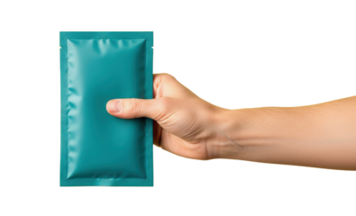 Hand Holding Blank Teal Foil Sachet Packaging Mockup Isolated on White Background