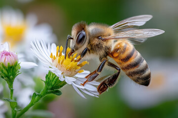 Honeybee Gathering Pollen From Delicate White Flower Close Up Macro Photography