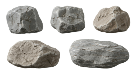 Set of Five Different Natural Gray Rocks and Boulders Isolated on White Background