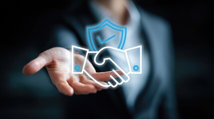 Business professional hand holding glowing handshake icon with shield and checkmark. Concept of business trust, partnership agreement and secure collaboration in moderagreement