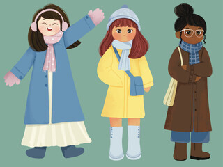Cute Winter Girls Illustration in Cozy Outfits