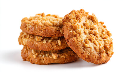 Stack of four peanut butter cookies on a white background in close up view