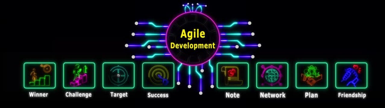 Concept for business Agile Development, management and procedures. Neon Circuit board line connecting with Artificial Intelligence technology concept. business and industrial technology concept.