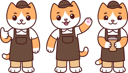 Cute cartoon barista cat mascot set. Coffee shop worker character in uniform holding coffee cup, waving, thumbs up. Vector clip art illustration.