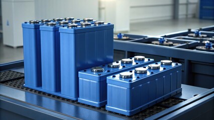 A collection of blue industrial batteries arranged on a production line, showcasing modern technology in energy storage.