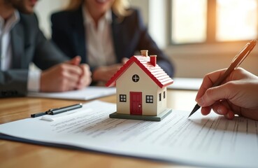 Real estate agent signs mortgage papers with happy clients. Small house model on table near documents. Concept new home loan. Deal for house purchase. Homeowner and realtor close up.