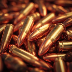 Naklejka premium Pile of shiny metallic ammunition cartridges