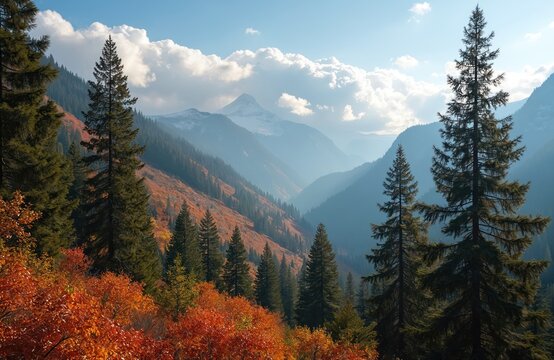 Scenic autumn mountain landscape with colorful forest, snowy peak. Evergreen pine trees grow on hills with red orange foliage. Sunlight illuminates tranquil valley under blue sky with clouds, - Powered by Adobe