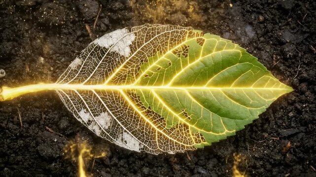 Glowing Veined Leaf Resting on Soil Reveals Inner Radiance