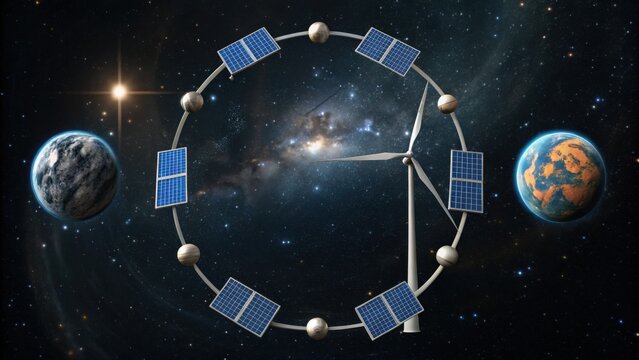 A futuristic depiction of a solar and wind energy system set in space, featuring planets and solar panels in a circular arrangement against a starry backdrop.