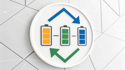 A circular graphic showing battery icons in green, blue, and orange, with arrows indicating energy flow and recycling.