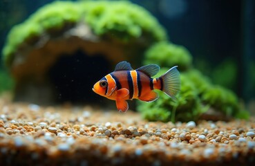 Naklejka premium Orange and black striped clownfish swims in freshwater aquarium. Small colorful marine animal floats near green underwater plant and rocky cave on gravel bottom.