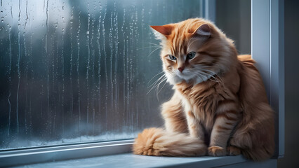 Sad orange tabby cat sitting by a window on a rainy day looking out with a thoughtful expression