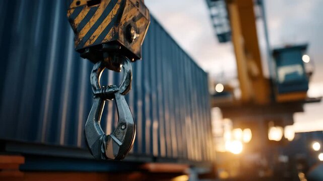 5Industrial crane hook lowering onto a shipping container, glowing sunlight reflecting off metal surfaces