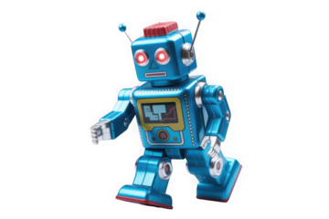 Retro blue robot toy with red accents walking, isolated on black background isolated on transparent background