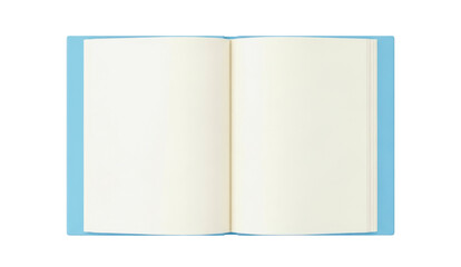 Top View of Open Blank Notebook Mockup with Light Blue Cover and Cream Pages Isolated