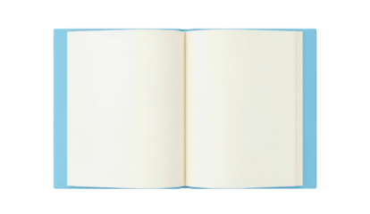 Top View of Open Blank Notebook Mockup with Light Blue Cover and Cream Pages Isolated