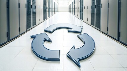 A sleek data center corridor featuring a prominent recycling symbol on the floor, emphasizing sustainability in technology.