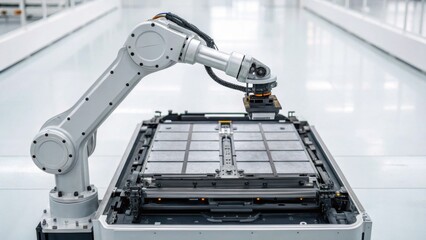 A robotic arm is assembling components on a flat surface in a high-tech environment, showcasing advanced automation and engineering.