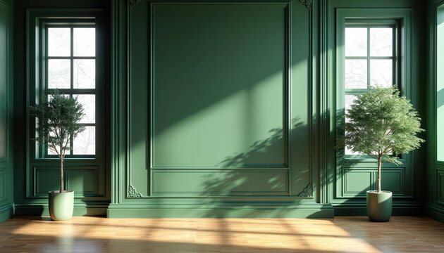 Illustration of green classic interior with plants, wooden floor. Room with elegant design includes two windows. Sunshine, shadows create cozy atmosphere. Ideal design concept for home, offices.