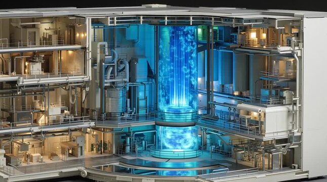 Detailed cutaway cross-section of a nuclear reactor containment building showing the glowing reactor core with blue Cherenkov radiation, steam generator systems, and control rods.
