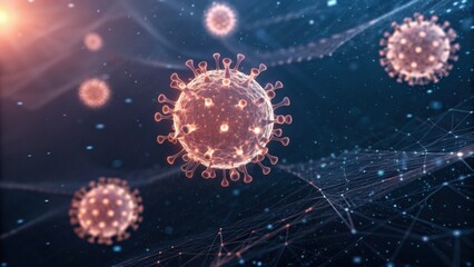 A digital illustration of virus-like structures against a dark background, showcasing intricate details and glowing elements, representing microscopic life.